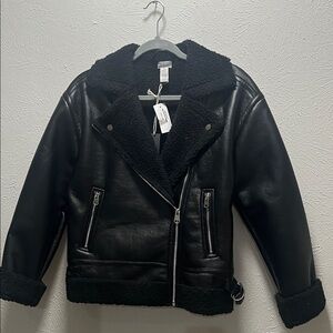 Black Faux Shearling Moto Biker Jacket Cropped Sherpa Lined